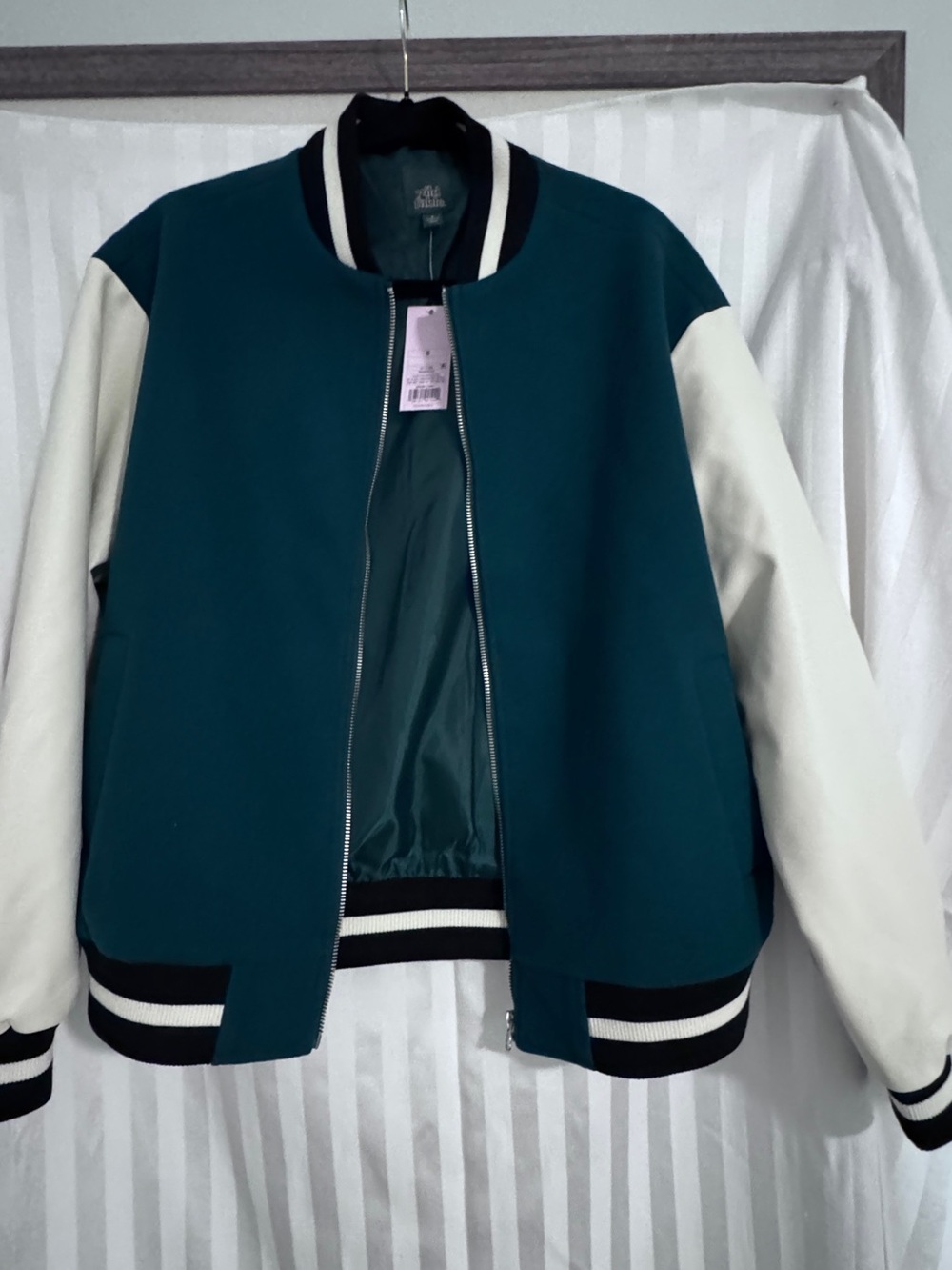 NWT Wild Fable Green Cream Varsity Bomber Jacket Size S